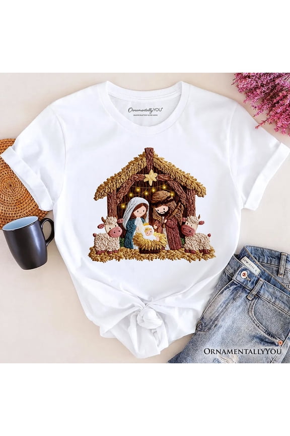 Nativity Holy Family Jesus Christmas T-Shirt, Imitation Latch Hook Yarn Cozy Christian Tee