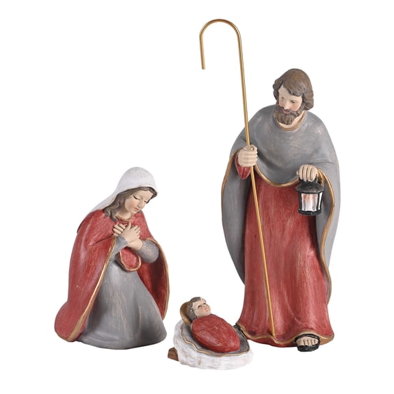 Dickson's 3-Piece Nativity Holy Family Lantern Staff - 7.25 x 3 Inch Red/Grey Resin Collectible Tabletop Figurine