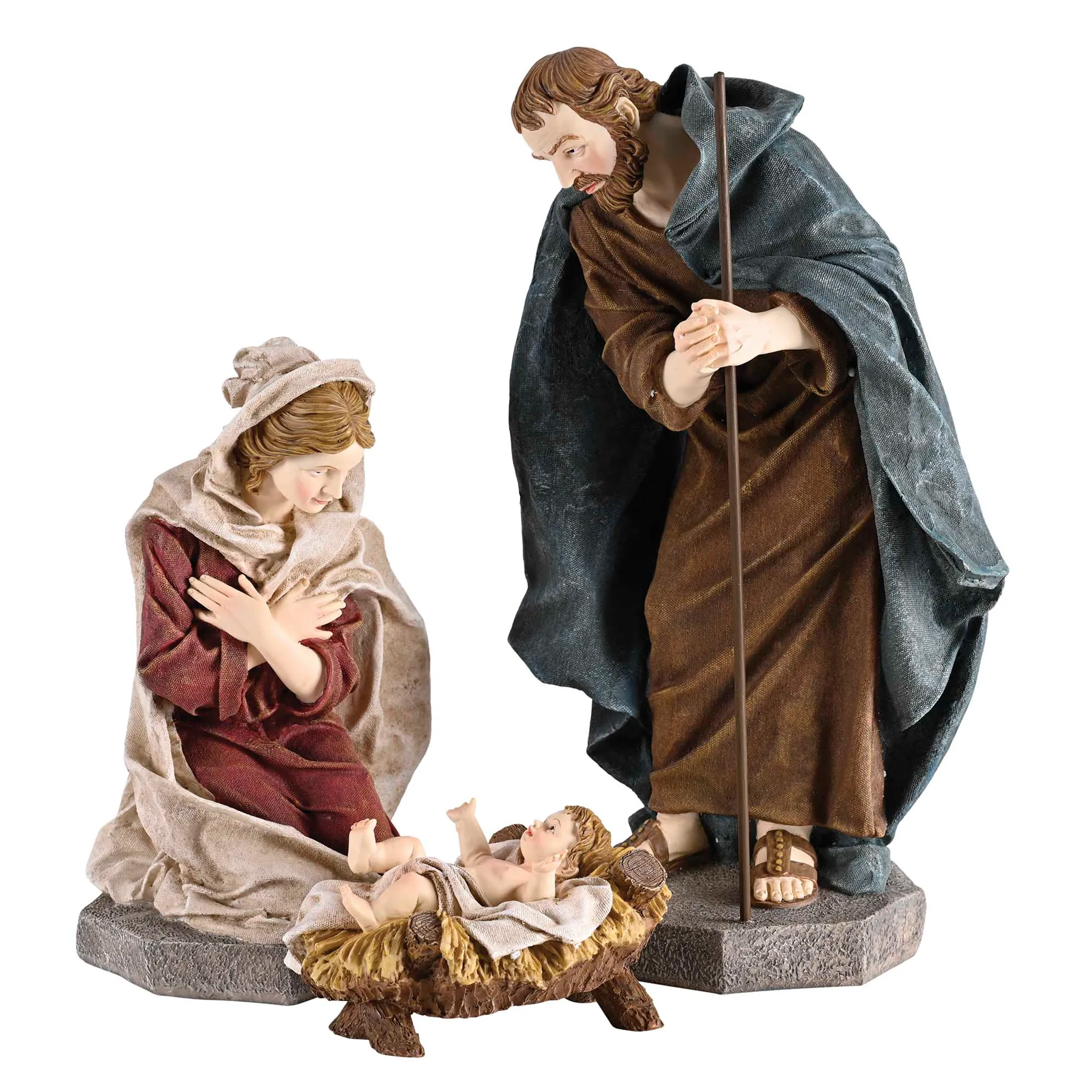 Holy Family Resin Nativity Set in Red, Brown, and Blue