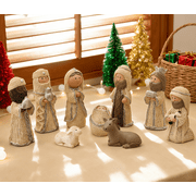 Nativity Knit Set Indoor - 9 Pcs Holy Family Figurines Baby Jesus with Manger, Religious Nativity Figurines Xmas Cable Nativity Scene for Tabletop Props Home Living Room Decor