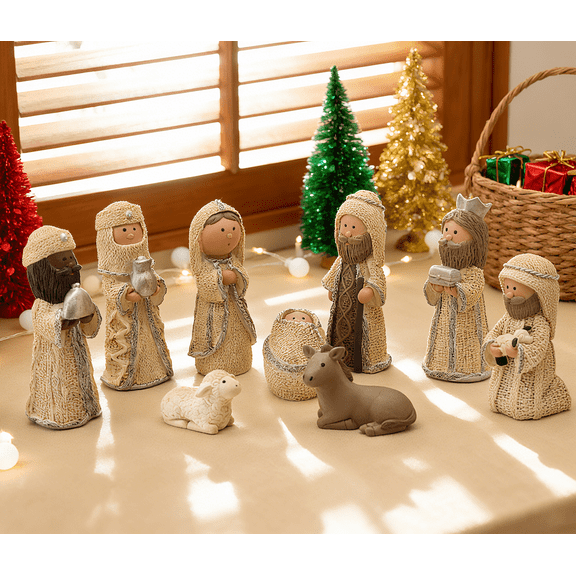 Nativity Knit Set Indoor - 9 Pcs Holy Family Figurines Baby Jesus with Manger, Religious Nativity Figurines Xmas Cable Nativity Scene for Tabletop Props Home Living Room Decor
