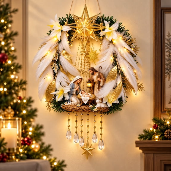 Nativity Manger Light Illuminated Christmas Wall Decor with Holy Family Star Accents and 2D Acrylic Design for Indoor Hanging Display