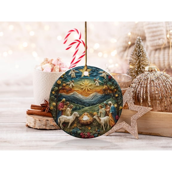 Nativity Ornament Christmas Scene Baby Jesus Angels Above Starry Sky Peaceful Night Religious Gift Christmas Gift 2D FLAT Ceramic Ornament