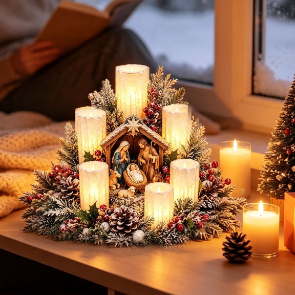 Nativity Resin Christmas Candle Centerpiece, Tabletop Xmas Candle Holder, Christmas Table Decorations for Dining Table