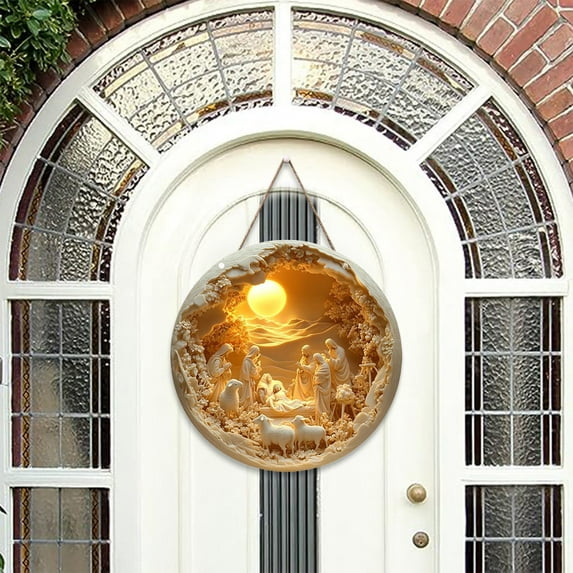 Nativity Resurrection Round Wood Wall Hanging | White Carved Religious Home Decor 7.87in | Baptism Gift | Durable Fine Craft, Natural Grain, Spiritual Accents