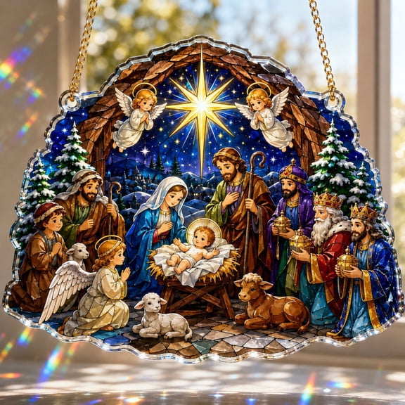 Nativity Scene Acrylic Suncatcher, Stained Glass Style Window Hanging Decor, Holy Family Rustic Stable Three Kings Shepherds Angels Bethlehem Star, Religious Christmas Gift, 3.5 Inch