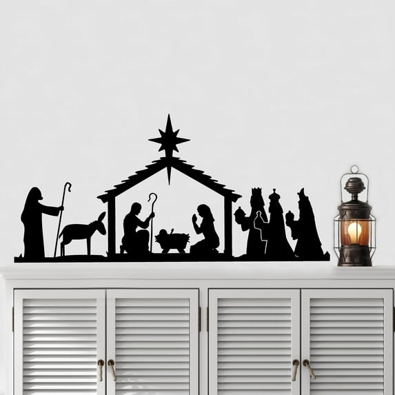 Nativity Scene Baby Jesus Manger Christmas Birth Holiday Decals Wise Men Vinyl Lettering Wall Decal Sticker Size: 16.5"H x 36"L - Color: Black