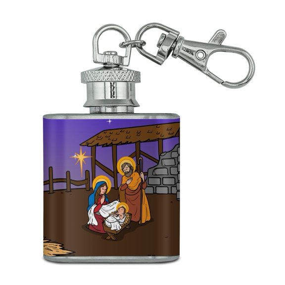 Nativity Scene Baby Jesus Mary Joseph Christmas Christian Bible Stainless Steel 1oz Mini Flask Key Chain