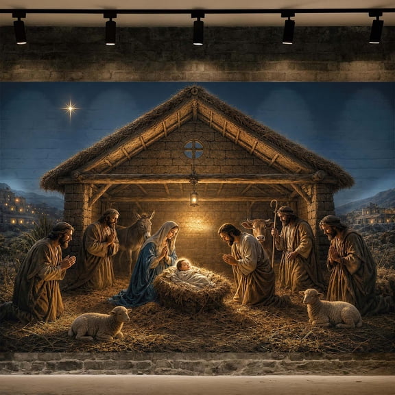 Nativity Scene Backdrop, Holy Family Manger Stable Night Star Decor,7X5FT