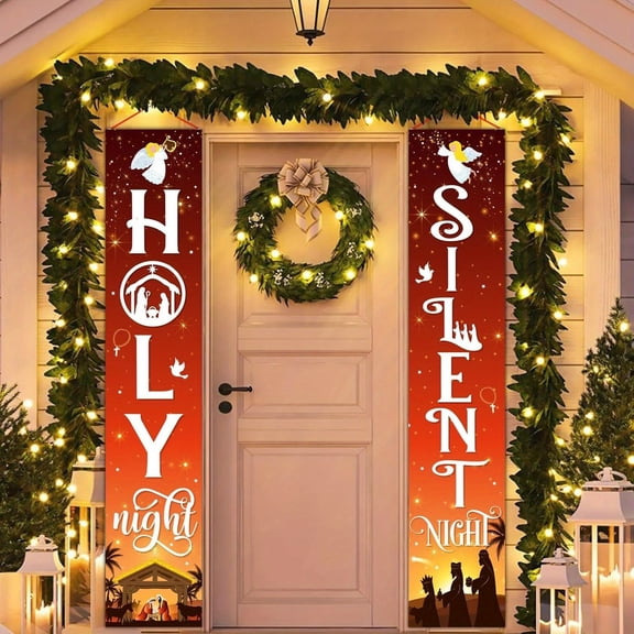 Nativity Scene Banner Set, Orange Merry Christmas Backdrop And Side Door Couplets, Jesus Birth Celebration Party Decor For Entryway Wall Photo Booth Fireplace Indoor Outdoor Holiday Gathering With
