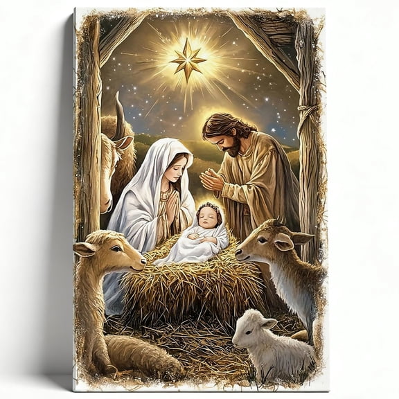 Nativity Scene Canvas Wall Art, Christian Christmas Religious Painting, Jesus Birth Bethlehem Artwork, Rustic Faith Holiday Home Decoration 8*12