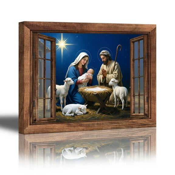 Nativity Scene Canvas Wall Art, Rustic Wood Window Frame Jesus Birth Scene Christmas Decor, Christian Home Wall Decoration for Living Room Church Office