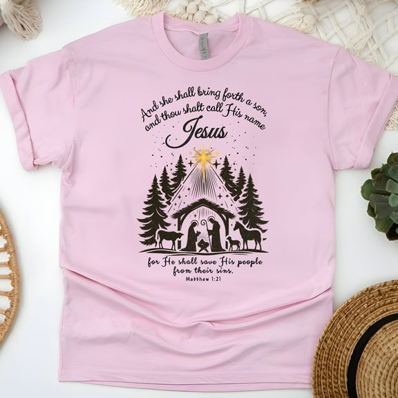 Nativity Scene Christian Shirt – His Name is Jesus – Matthew 1:21, Light Pink, Size S
