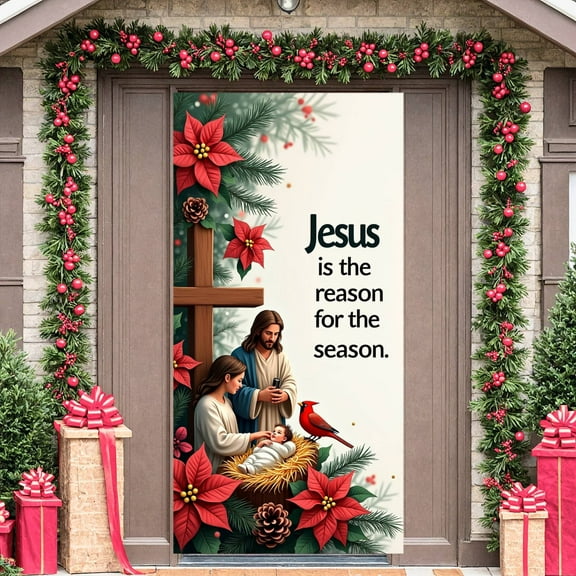 Nativity Scene Christmas Banner Cross Design Religious Display Cardinal Bird Poinsettia Flower Nativity Backdrop for Christmas Celebration Church Event Religious Gathering