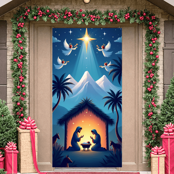 Nativity Scene Christmas Banner Holy Night Manger Jesus Birth Religious Decor for Holiday Celebration Indoor Decoration Church Event
