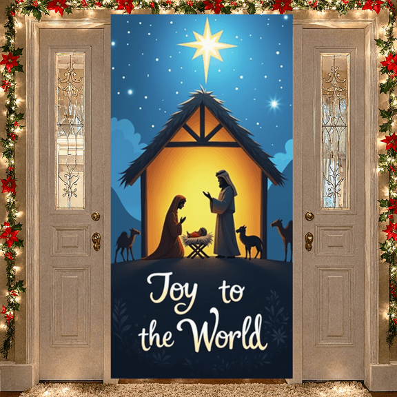 Nativity Scene Christmas Banner Religious Decoration Star Design Joy Message for Holiday Celebration Indoor Display Festive Event