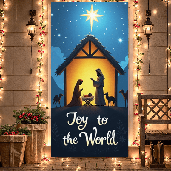 Nativity Scene Christmas Banner Religious Decoration Star Design Joy Message for Holiday Celebration Indoor Display Festive Event