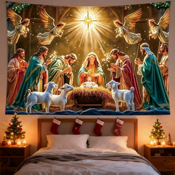 Nativity Scene Christmas Decor Banners , Religious Birth of Jesus Backdrop Manger Scene Christian Christmas Decorations Indoor Outdoor Church Party Wall Decor