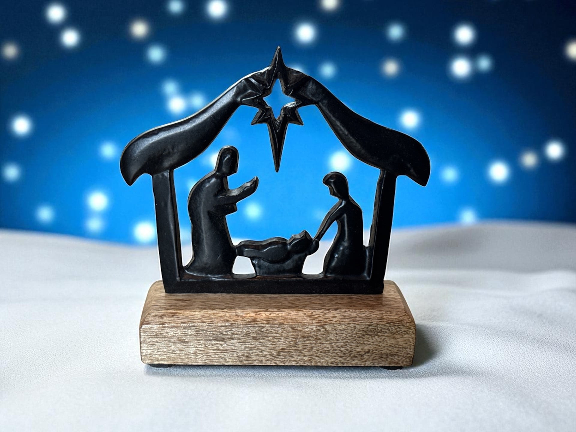 Nativity Scene Christmas Decoration Rustic Wood & Metal Holy Family With Baby Jesus Tabletop Religious Holiday Dcor Home Mantel Desk Centerpiece Fireplace (5 3/4" x 5 3/4")