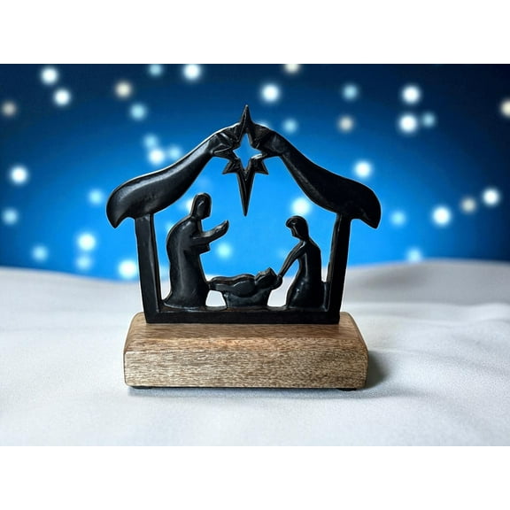 Nativity Scene Christmas Decoration Rustic Wood & Metal Holy Family With Baby Jesus Tabletop Religious Holiday Dcor Home Mantel Desk Centerpiece Fireplace (5 3/4" x 5 3/4")