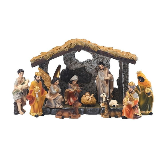 Nativity Scene Christmas Decoration Set – 11pcs Hand-Painted Resin Figurines with Manger, Baby Jesus, Mary, Joseph – Religious Holiday Gift Tabletop Display