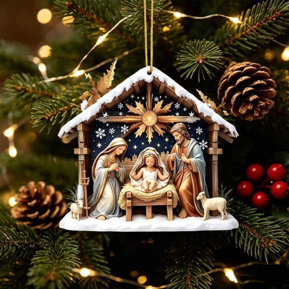 Nativity Scene Christmas Ornament, Acrylic Jesus Mary and Christmas Tree Hanging Decoration for Window Wall Door and Holiday Decor, 3.15 inch N