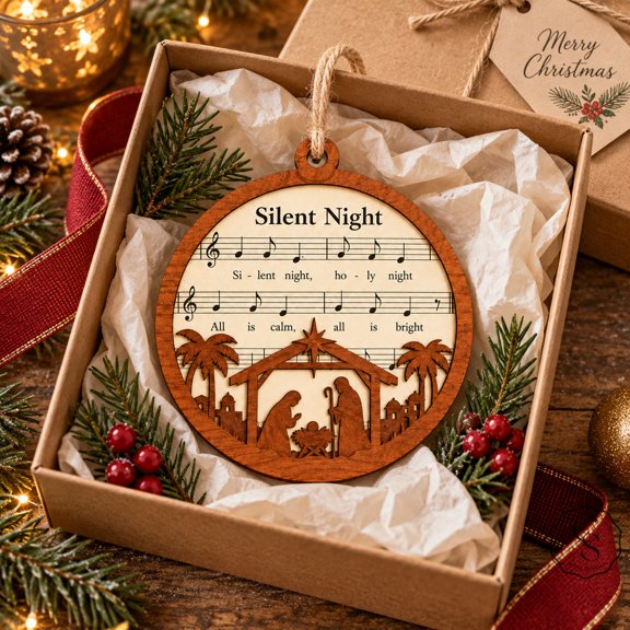 Nativity Scene Christmas Ornament, Silent Night Inspired Wooden Tree Decoration for Christian Gifts