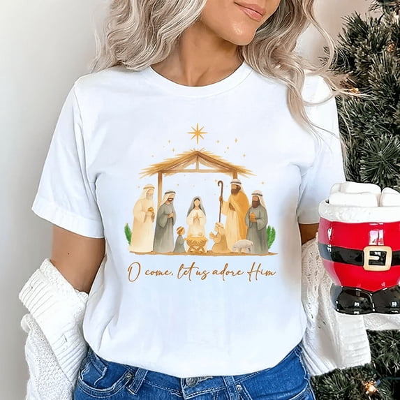 Nativity Scene Christmas T-Shirt, O Come Let Us Adore Him Christian Graphic Tee — Gift for Christmas