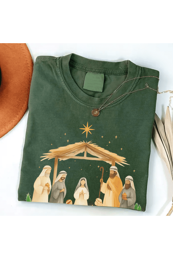 Nativity Scene Christmas T-Shirt, O Come Let Us Adore Him Christian Graphic Tee — Gift for Christmas