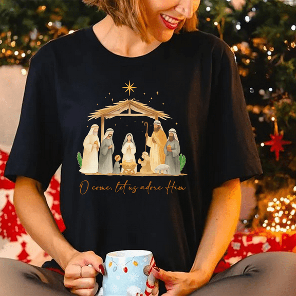 Nativity Scene Christmas T-Shirt, O Come Let Us Adore Him Christian Graphic Tee — Gift for Christmas