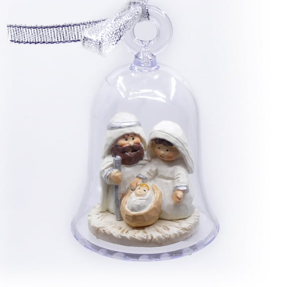 Nativity Scene Christmas Tree Ornament  Adorable Miniature Holy Family figurine Featuring Mary, Joseph and Baby Jesus inside a clear Acrylic Bell shaped Decoration with Silver Ribbon Bow.