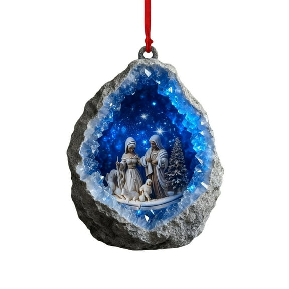 ‌Nativity Scene Christmas Tree Ornament,Resin Rock with Blue Crystal Cavity,Hand-Painted Holy Family,Religious Holiday Decoration,Shatterproof Unique Christmas Ornament for Home Decor‌