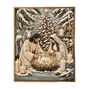 Nativity Scene Christmas Wall Art, Pearl Inlaid 3D Embossed Religious Hanging Picture, Framed Artwork for Home Living Room Display, Christmas Holiday Decoration Gifting
