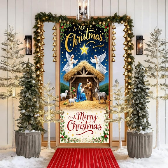 Nativity Scene Door Cover, 35 x 71 inch The Birth of Jesus Hanging Banner, Front Door Wreath Backdrop Cloth, Porch Photography Background Prop, Christmas New Year Home Decoration (Blue)