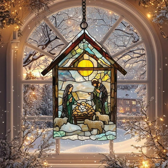 Nativity Scene Faux Stained Glass Suncatcher, Christian Window Hanging, Jesus Christ Christmas Decoration and Religious Home Decor