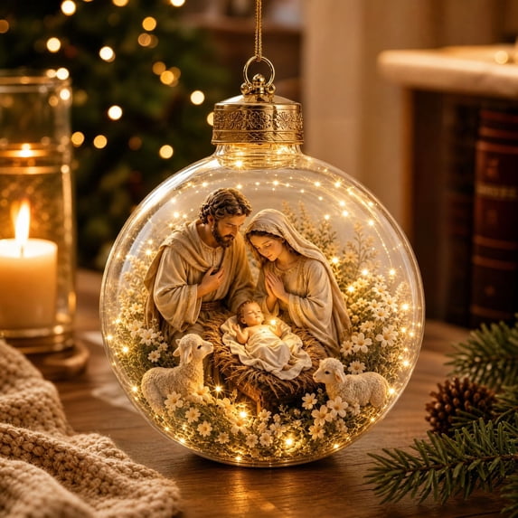 Nativity Scene Glowing Christmas Story Ornament, Light‑Up Mini Holiday Scene Decor, Transparent Acrylic Hanging Ball for christmas tree, Religious Faith Home Tree Holiday Display Decor
