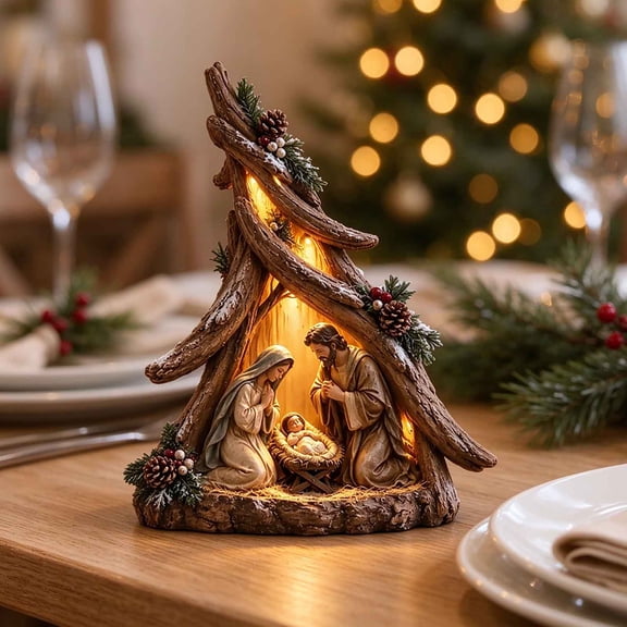 Nativity Scene Lighted Holy Family Resin Christmas Creche Tree Shaped Stable Warm LED Tabletop Holiday Decor