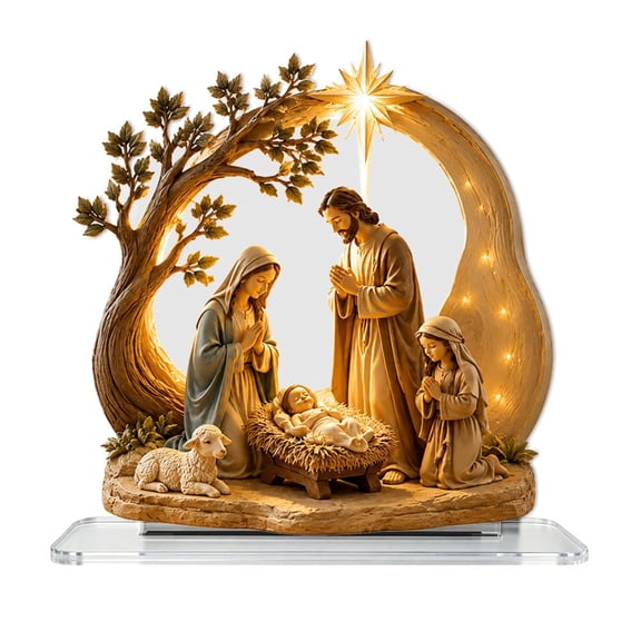 Nativity Scene with Lights, Acrylic Nativity Scene with Lights, Sculpted Hand Painted Nativity Figure, Little People Nativity Set for Home, Church, Christian Holiday - 15cm