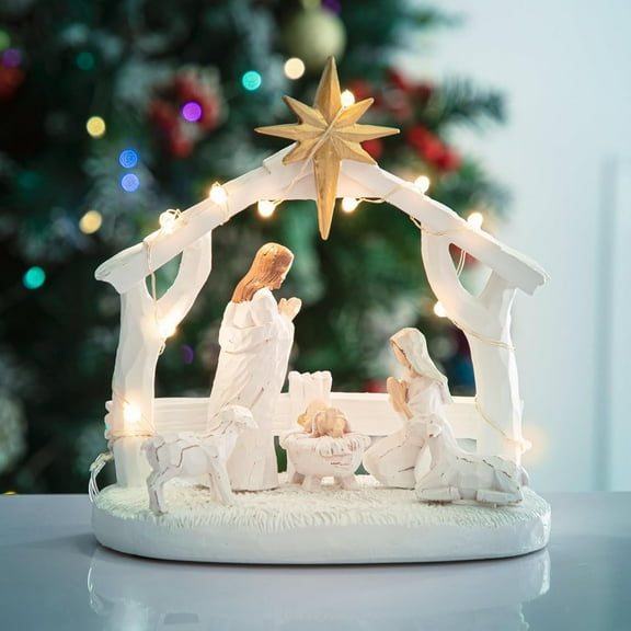Nativity Scene With Lights, Sculpted Hand Painted Nativity Figurine, Nativity Set,Nacimientos De Navidad En Ofertaholy Family Manger Scene Nativity Sets For Christmas Indoor Tabletop Decorations
