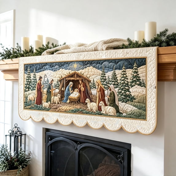 Nativity Scene Mantel Scarf Indoor Christmas Decorations, 75"x18" Quilted Christmas Fireplace Runner with Scalloped Edge, Embroidered Holy Family Holiday Decor for Mantel & Home