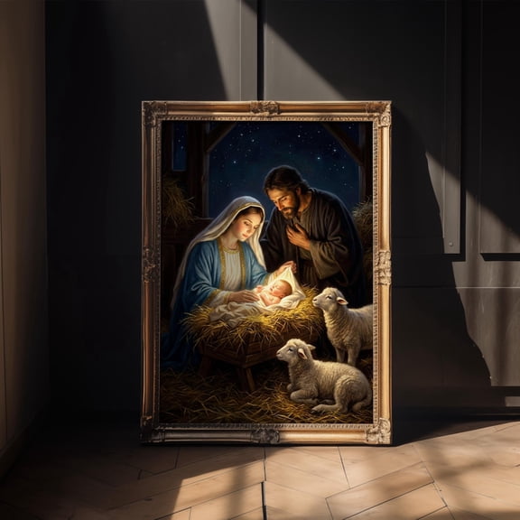 Nativity Scene Mary Joseph And Baby Jesus Art Wall Art, Unframed Canvas 24x36in
