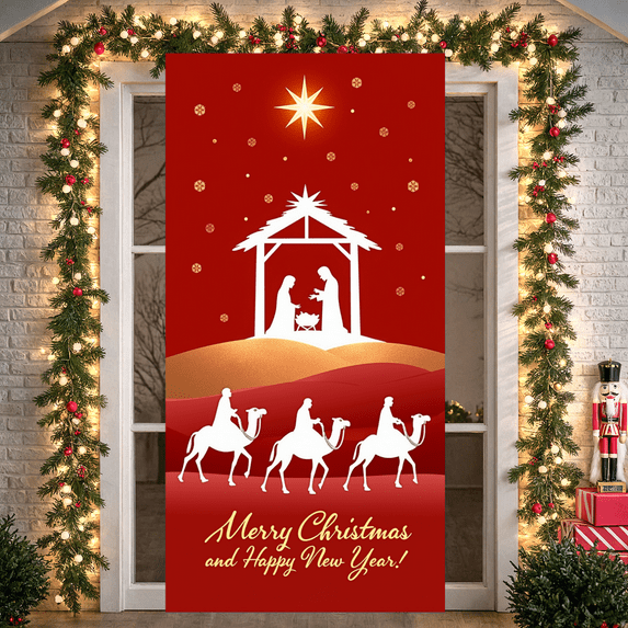 Nativity Scene Merry Christmas Banner Holiday Decoration Design Festive Stars Christmas Decor for Winter Celebration Home Decoration Party Decoration