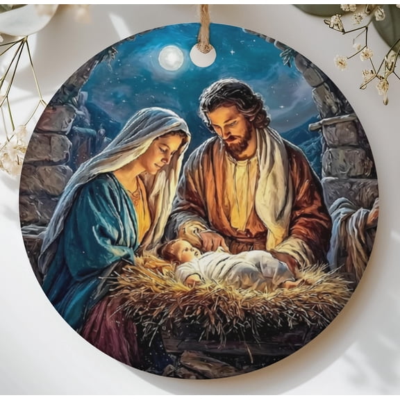 Nativity Scene Ornament Christmas Manger Holy Family Decor Baby Jesus & Mary Joseph Tree Ornament Christian Holiday Gift 2D FLAT Ceramic Ornament