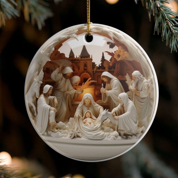 Nativity Scene Ornament Holy Family Christmas Keepsake 2D FLAT CIRCLE Ceramic Ornament