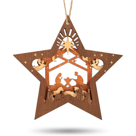 Nativity Scene Ornaments, Christmas Wooden Hanging Ornament Star Shaped Nativity Scene Keepsake for Xmas Tree, The Birth of Jesus Decoration, Religious Gift for Family Friends and Christian