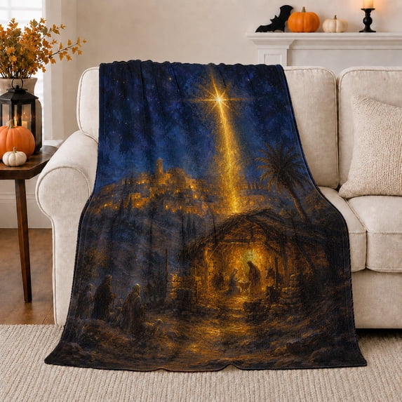 Nativity Scene Painting Christmas Faith Star Of Bethlehem, Festive Nativity Scene, Warm Flannel Blanket for Living Room and Family Room, Art Lovers Christmas Gift, Festive Home Decor