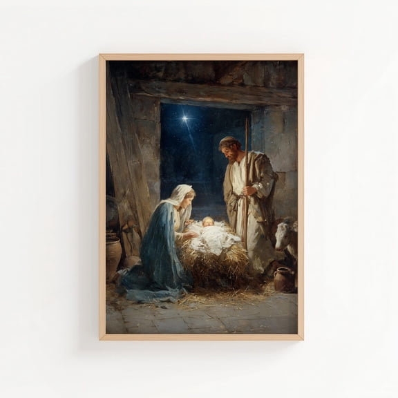 Nativity Scene Print Birth Of Jesus In Bethlehem Wall Art Biblical Style Abstract Decor, Unframed Paper Poster 8x10in