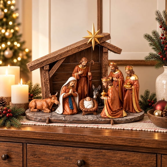 Nativity Scene,Religious Holy Family Nativity Manger Set, Wooden Resin Christmas Figurines for Tabletop, Mantel and Seasonal Home Decor