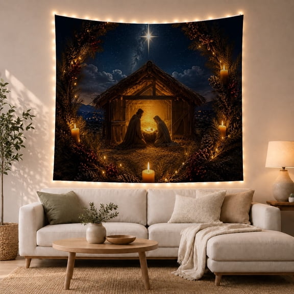 Nativity Scene in Rustic Stable with Amber Light, Serene Boho for Christian Art Lovers, Nativity Wall Decor Art, Christmas Gift, Tapestry Wall Hanging for Bedroom and Living Room
