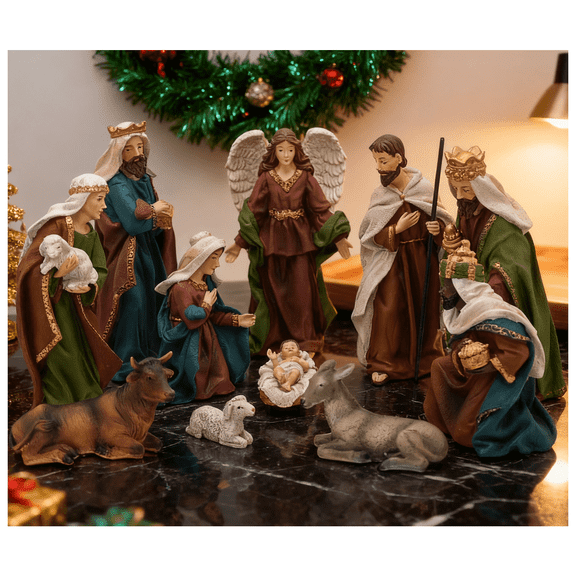 Nativity Scene Set, 11-Piece Holy Family Statue - 9”H Nativity Sets for Christmas Indoor, Resin Religious Christmas Figurines, Jesus Manger Ornament Tabletop Church Xmas Gift Home Decoration